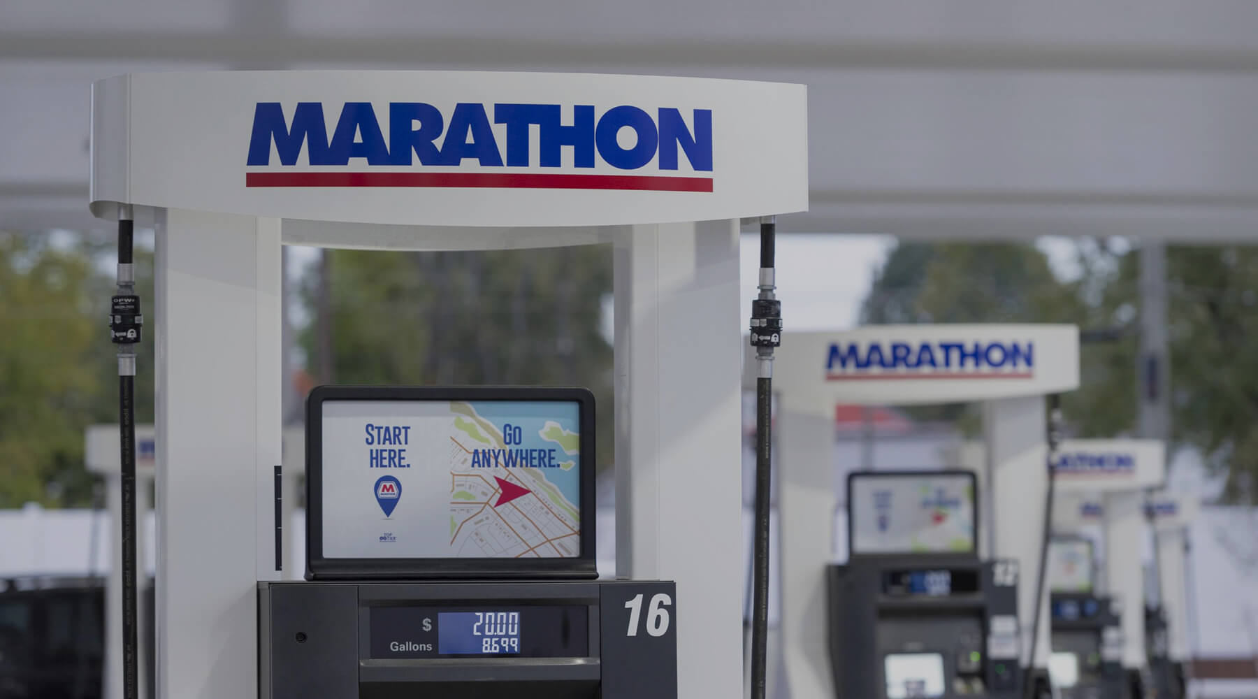 Marathon gas station pump with Marathon Petroleum words across top.