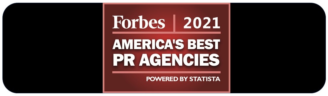 Forbes 2021 America's Best PR Agencies badge, powered by Statista, showcases a striking red background and bold white text.