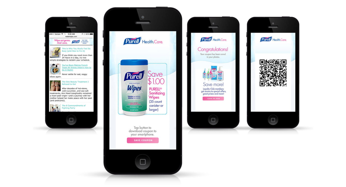 Four smartphones display Purell Health Care promotions, featuring hand sanitizer and wipes with a $1.00 coupon, a QR code, and a "Congratulations!" message. Perfect for maintaining hygiene on the go!