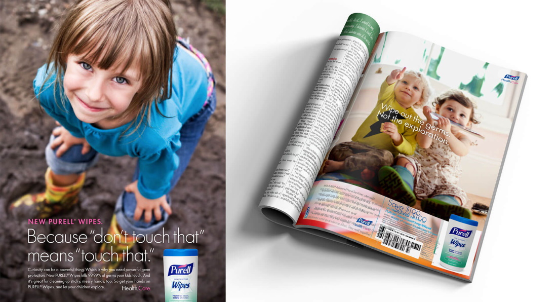 Close-up of a child playing outside next to an open magazine featuring a PURELL Wipes advertisement with two children and the text: "Wipe out the germs, not the exploration." Experience top-tier germ protection with PURELL hand sanitizer.