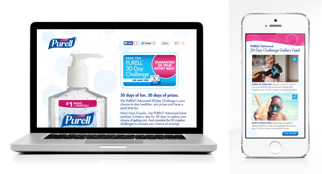 A laptop and a smartphone display a webpage promoting Purell's 30-Day Challenge. The page features images, text, and a button encouraging participation in the challenge, emphasizing the benefits of their hand sanitizer for superior germ protection.