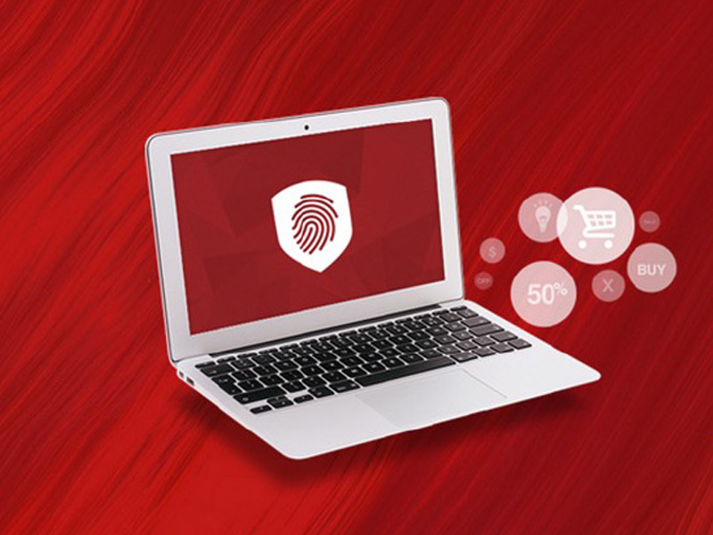 A laptop displays a fingerprint icon alongside shopping cart icons and a "50%" discount icon on a red background, powered by Cardinal Commerce for secure transactions.