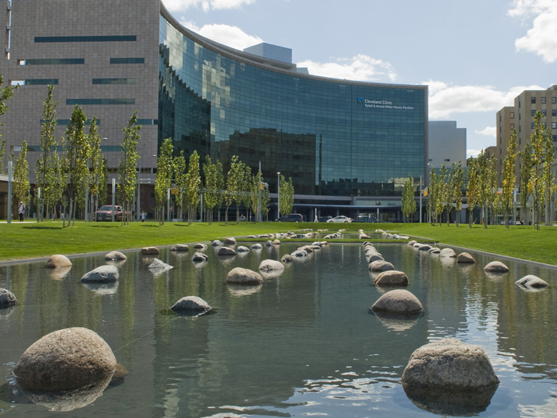 Modern building with glass facade and sign reading "Cleveland Clinic" in the background. In the foreground, a water feature with rocks is surrounded by green lawns and young trees, creating a serene atmosphere that complements the prestigious Cleveland Clinic.