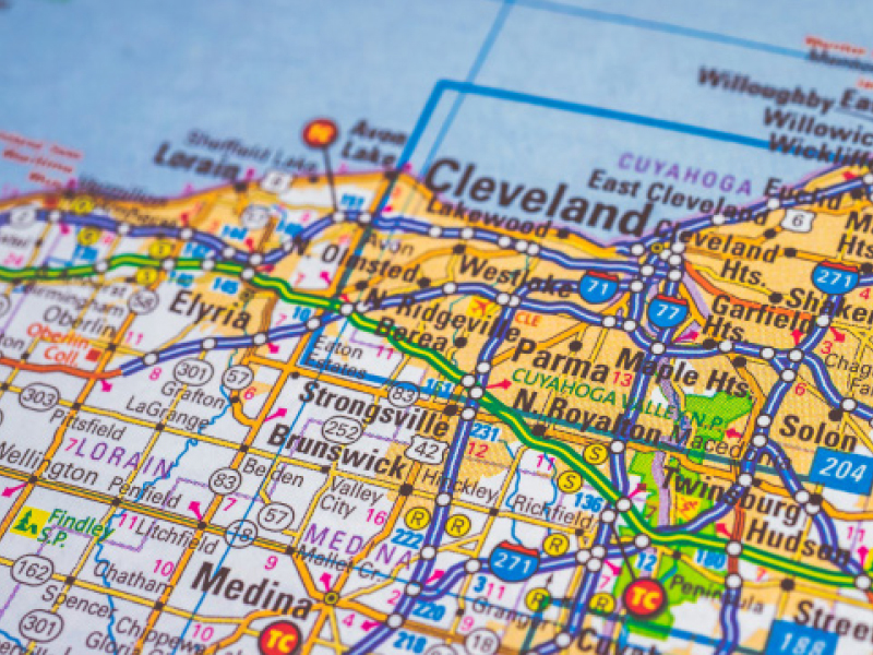 Detailed map of Cleveland and surrounding areas, including Parma, Strongsville, Elyria, Lakewood, and Medina. With emphasis on highways, roads, and local landmarks; created by Team NEO to enhance regional connectivity.