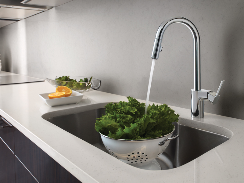 A Moen chrome faucet runs water over a colander filled with green lettuce in the kitchen sink. Nearby, the countertop holds a glass bowl brimming with vegetables and a dish showcasing sliced oranges.