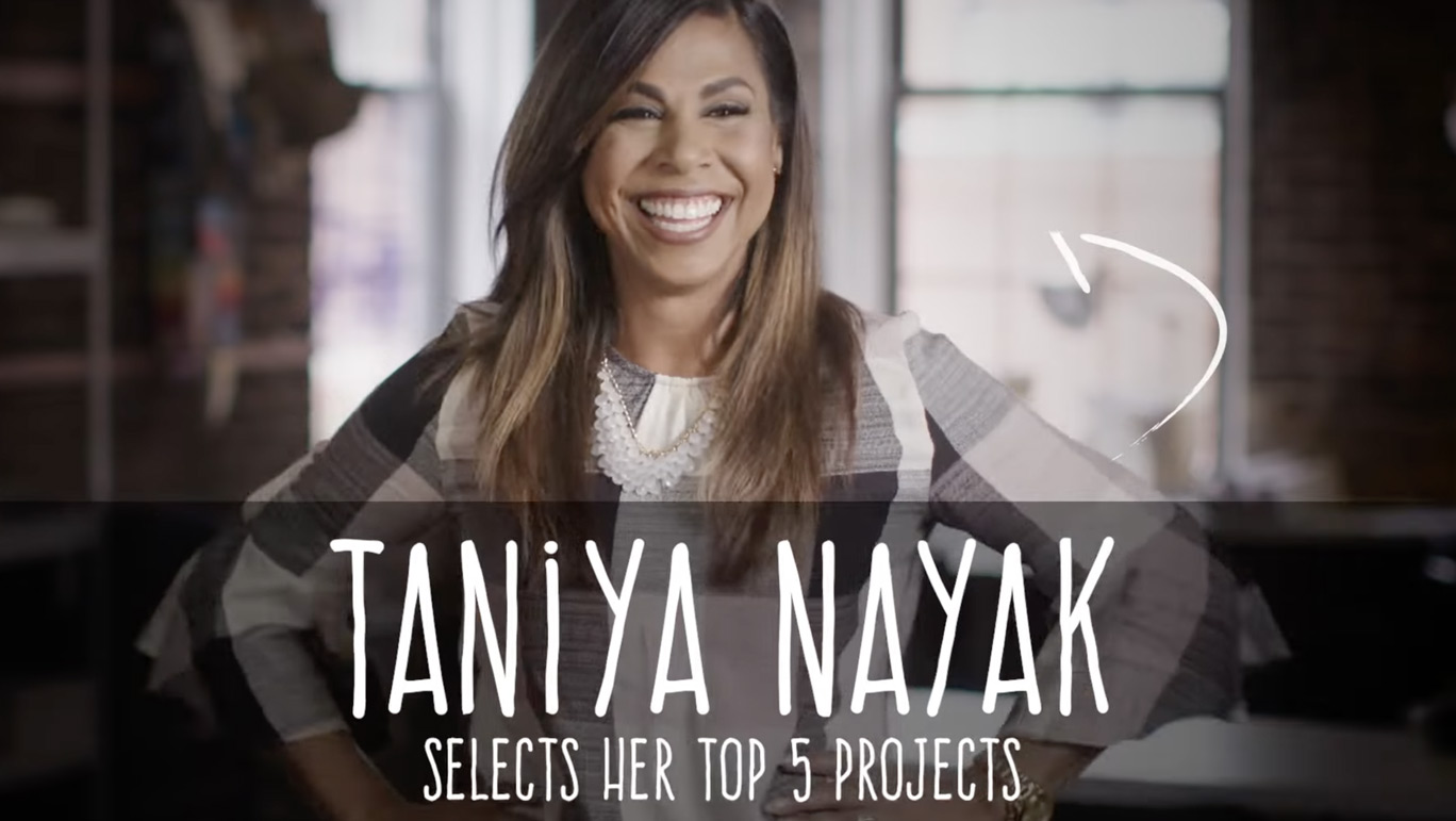 A person smiling with text overlay reading "Taniya Nayak selects her top 5 projects," featuring stunning Sherwin-Williams paint selections. An arrow points towards the person.