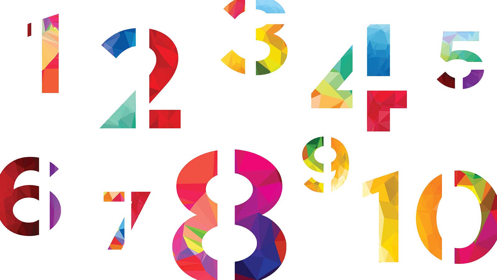 Colorful numerals from 1 to 10 boast a geometric, multi-colored design on a white background, perfect for spicing up your content marketing visuals.