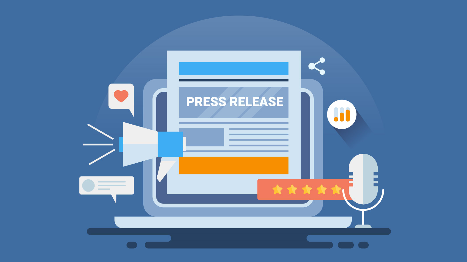 An illustration of a press release on a laptop, surrounded by social media icons, a megaphone, a microphone, and rating stars highlights common press release mistakes.