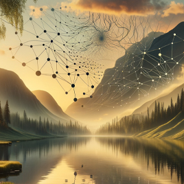 A serene mountain landscape at sunset with a calm lake in the foreground. Abstract network patterns, reminiscent of a rapidly evolving AI landscape, are superimposed over the sky and mountains.