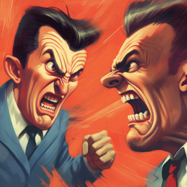 Two men in suits angrily confront each other with fists raised and faces contorted in rage against a reddish-orange background, reflecting the heightened tensions often seen during world events.