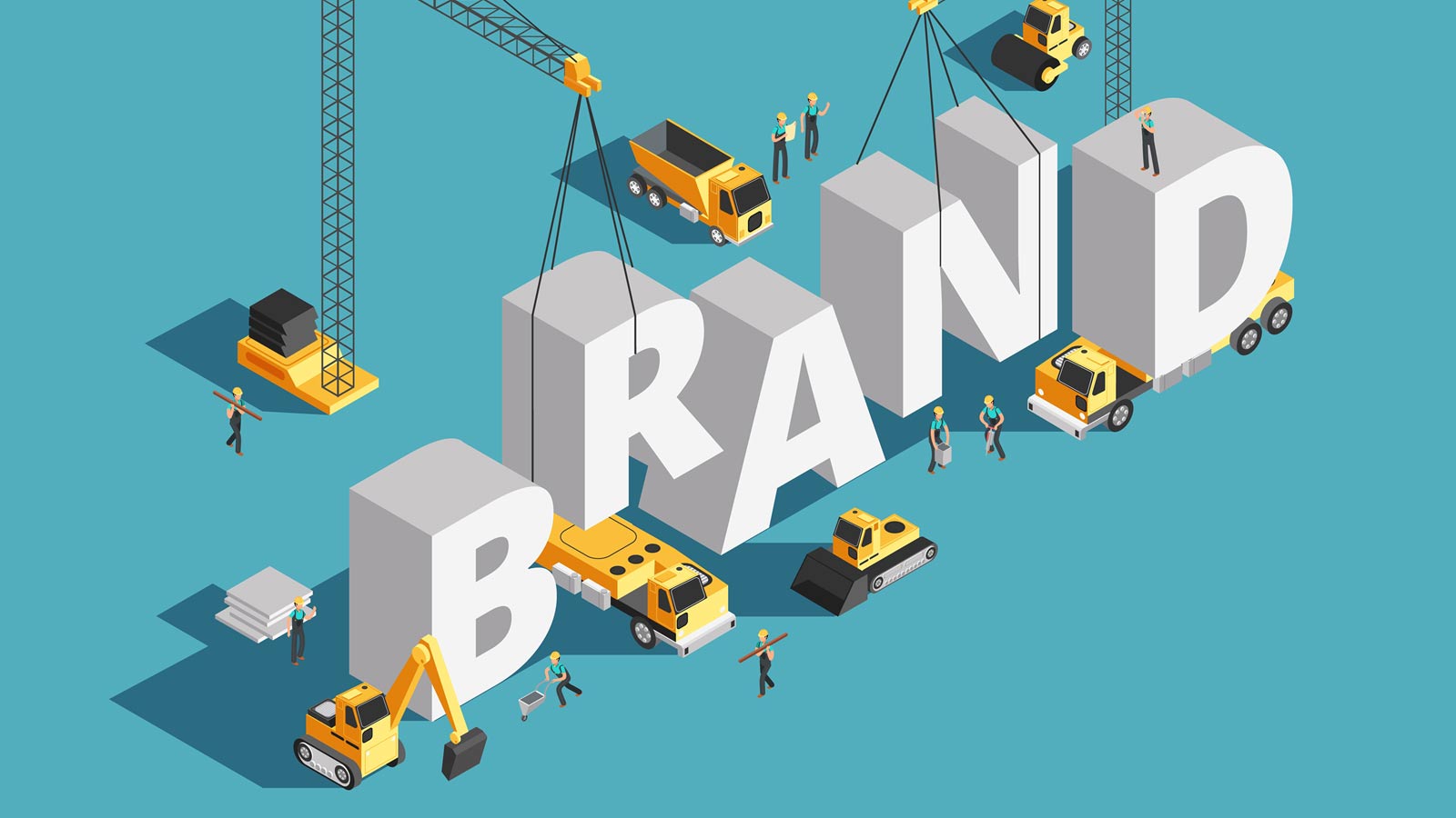 Illustration of workers and construction machinery assembling large blocks to form the word "BRAND" against a blue background, symbolizing the creation of future growth through robust brand architecture frameworks.