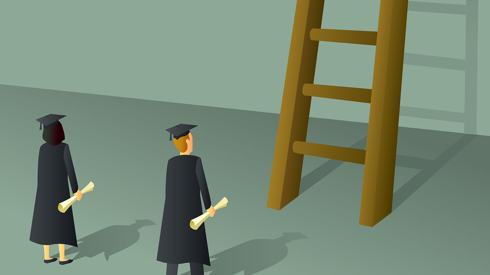 Two college seniors in caps and gowns stand holding diplomas, facing a large wooden ladder leaning against a wall, ready to climb toward their futures as young professionals.