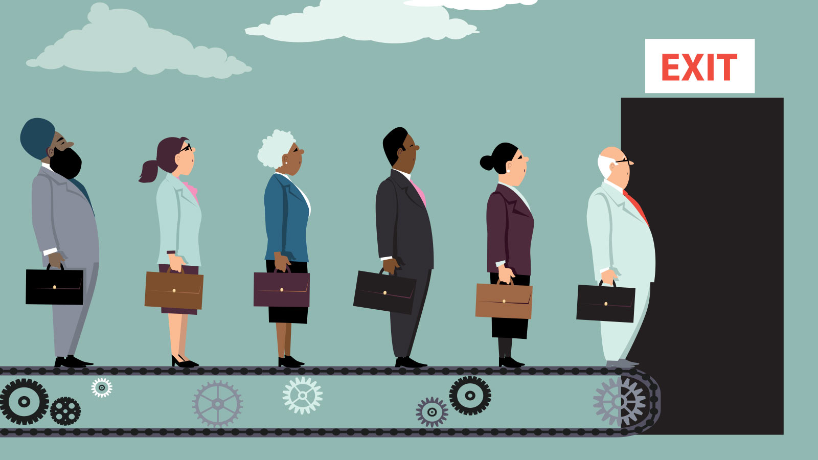 Several businesspeople stand in line on a conveyor belt heading towards an exit sign, each holding briefcases. They appear diverse in gender and ethnicity, reflecting the importance of employee experience as they strive to get what they want in their careers.