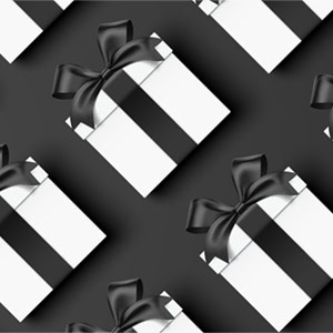 A pattern of white gift boxes with black ribbons and bows are arranged on a black background, making it look like the top of the Nice List in Holiday media pitches.