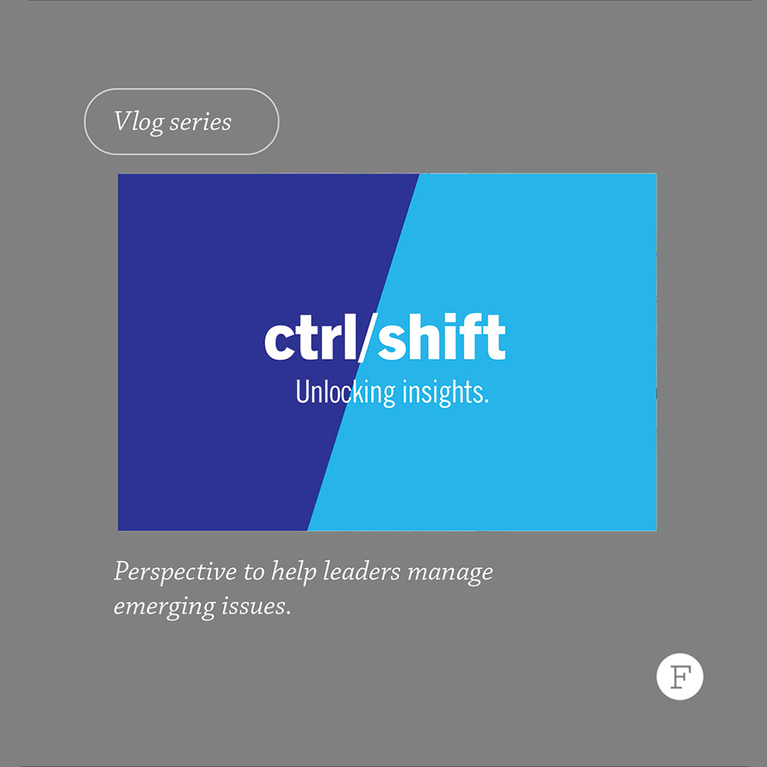 A gray background features a "New Video Series" label, with a blue split-screen displaying "ctrl/shift" and "Unlocking insights." The description reads, "Perspective to help business leaders manage emerging issues.