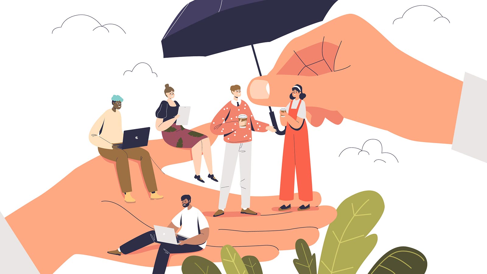 Illustration of a large hand holding an umbrella over a diverse group of five people using laptops or tablets, enhancing employee wellness. Two hands support the group, while plants and clouds are in the background, symbolizing a nurturing environment.