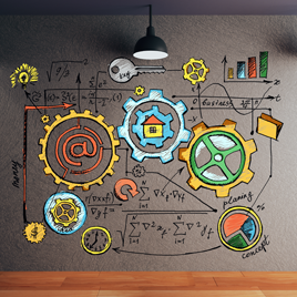 A wall with colorful gear illustrations and mathematical equations, including a key, charts, and an at symbol under a hanging lamp in a wooden floor room - the perfect setting for Brandwagon's latest marketing campaign.