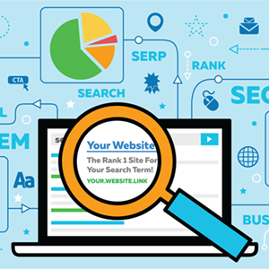 Illustration of a laptop screen with a magnifying glass highlighting a website link, featuring various SEO-related icons and terms like "SERP," "search," and "rank" in the background, emphasizing the importance of backlinks in your SEO strategy.