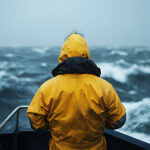 Person wearing yellow raincoat staring at stormy sea.