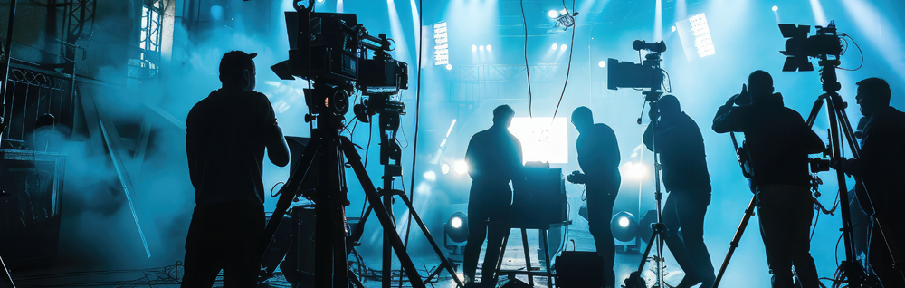 Backlit image of people with video cameras and lighting making a video.