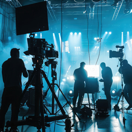 Backlit people with video cameras and lights making video