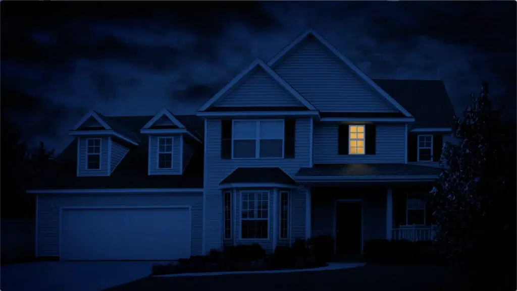 A two-story house at night with one lit window on the second floor; the rest of the house is dark under a cloudy sky, creating an energy harbor amid the darkness.