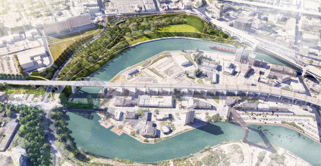 Aerial view of an urban area with a river, several bridges, green spaces like Irishtown Bend Park, buildings, roads, and industrial facilities.