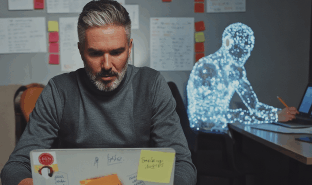 Tom Tennant is writing on his laptop at a desk covered with sticky notes, while a glowing digital human figure—representing AI—sits at a nearby desk in the background, hinting at the cognitive debt of balancing technology and creativity.